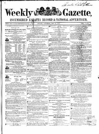 cover page of Weekly Gazette, Incumbered Estates Record & National Advertiser (Dublin, Ireland) published on May 19, 1855