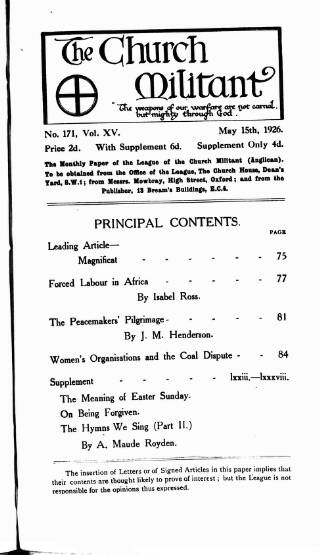 cover page of Church League for Women's Suffrage published on May 15, 1926