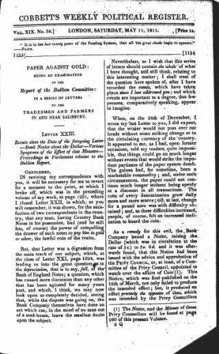 cover page of Cobbett's Weekly Political Register published on May 11, 1811