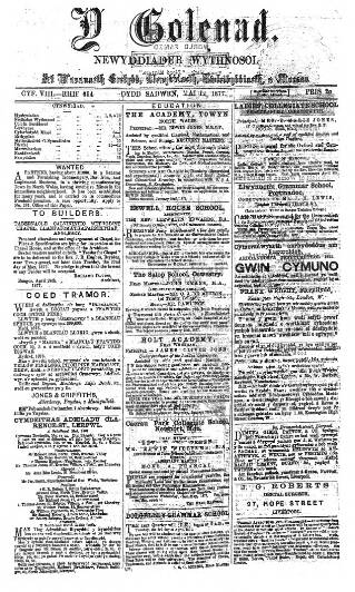 cover page of Y Goleuad published on May 12, 1877