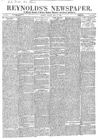 cover page of Reynolds's Newspaper published on May 12, 1872