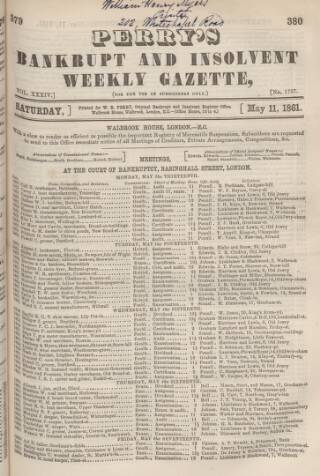 cover page of Perry's Bankrupt Gazette published on May 11, 1861