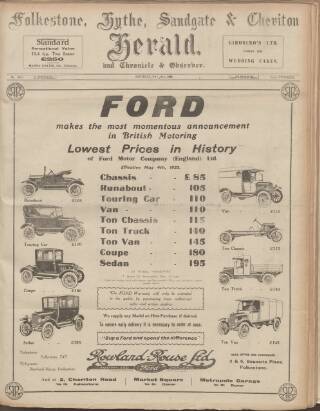 cover page of Folkestone, Hythe, Sandgate & Cheriton Herald published on May 12, 1923