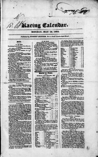 cover page of The Irish Racing Book and Sheet Calendar published on May 12, 1834