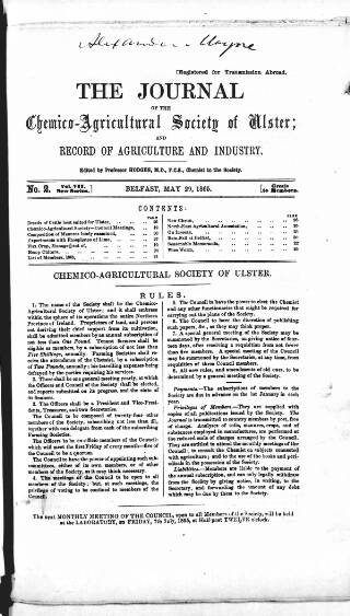 cover page of Journal of the Chemico-Agricultural Society of Ulster published on May 29, 1865