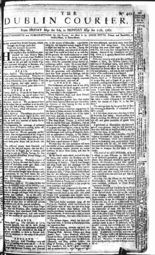 cover page of Dublin Courier published on May 11, 1761