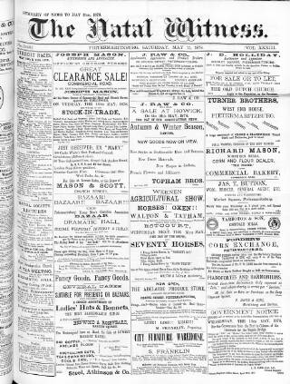 cover page of Natal Witness published on May 11, 1878