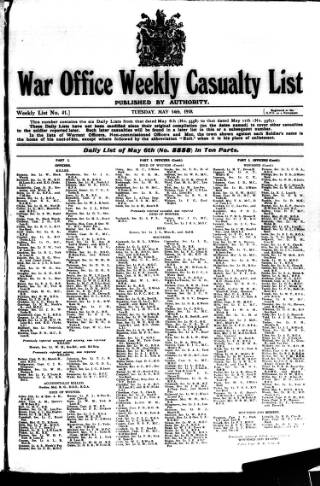 cover page of Weekly Casualty List (War Office & Air Ministry ) published on May 14, 1918