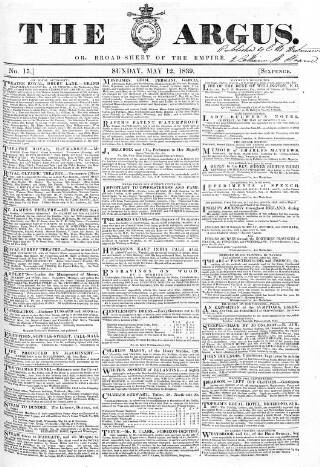 cover page of Argus, or, Broad-sheet of the Empire published on May 12, 1839