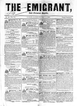 cover page of Emigrant and the Colonial Advocate published on May 19, 1849