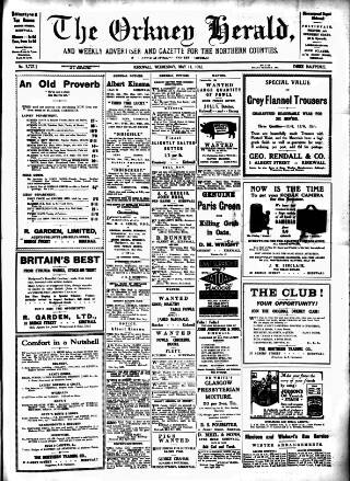 cover page of Orkney Herald, and Weekly Advertiser and Gazette for the Orkney & Zetland Islands published on May 11, 1932