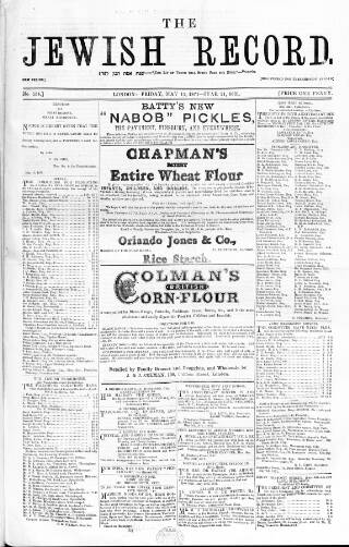 cover page of Jewish Record published on May 12, 1871