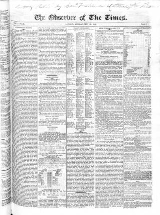 cover page of Observer of the Times published on May 28, 1821