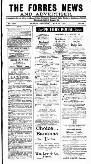 cover page of Forres News and Advertiser published on May 11, 1940