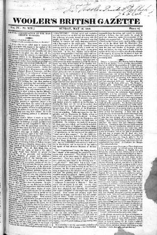 cover page of Wooler's British Gazette published on May 12, 1822