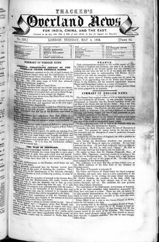 cover page of Thacker's Overland News for India and the Colonies published on May 3, 1864