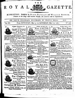 cover page of Royal Gazette of Jamaica published on May 12, 1781