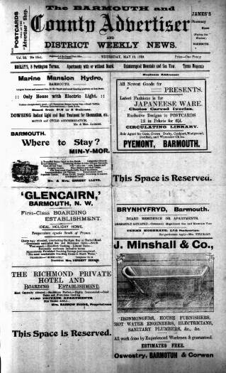 cover page of Barmouth & County Advertiser published on May 12, 1910