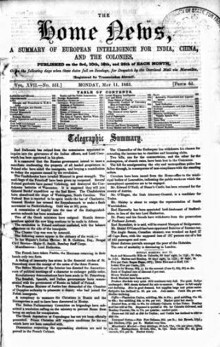 cover page of Home News for India, China and the Colonies published on May 11, 1863