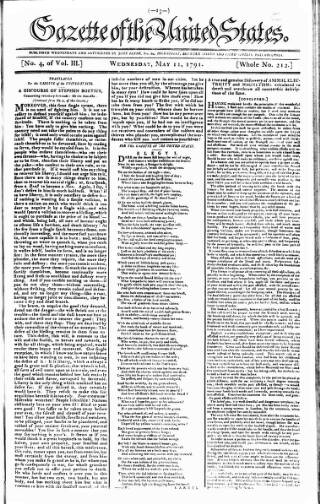 cover page of Gazette of the United States published on May 11, 1791