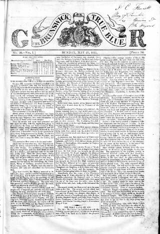 cover page of Brunswick or True Blue published on May 27, 1821