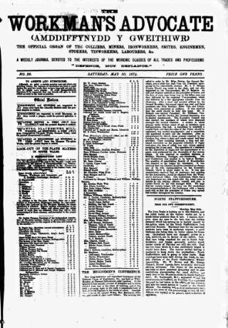 cover page of Workman's Advocate (Merthyr Tydfil) published on May 30, 1874