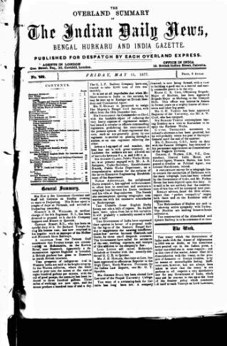 cover page of Indian Daily News published on May 11, 1877
