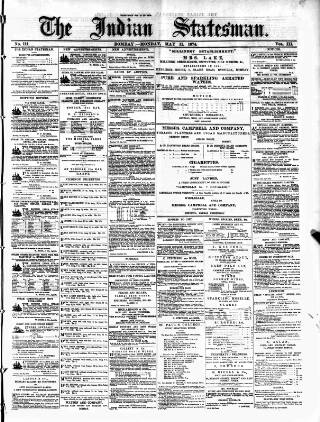 cover page of Indian Statesman published on May 11, 1874