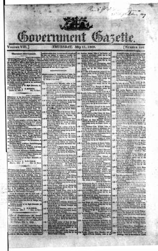 cover page of Government Gazette (India) published on May 11, 1809