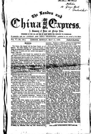 cover page of London and China Express published on May 11, 1863