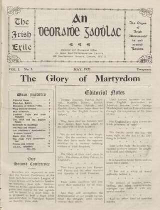cover page of Irish Exile published on May 1, 1921