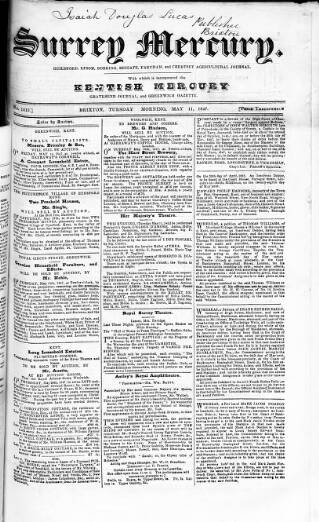 cover page of Surrey Mercury published on May 11, 1847