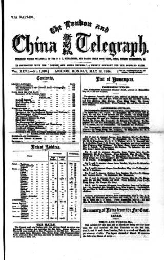 cover page of London and China Telegraph published on May 12, 1884