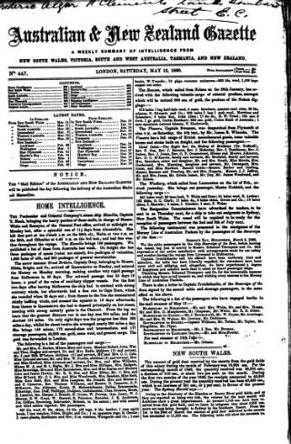 cover page of Australian and New Zealand Gazette published on May 12, 1860