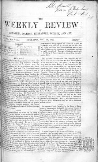 cover page of Weekly Review (London) published on May 12, 1866