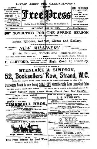 cover page of Finchley Press published on May 12, 1900