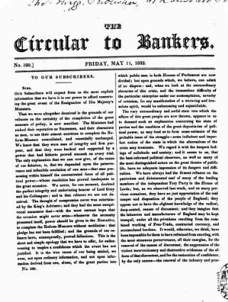 cover page of Bankers' Circular published on May 11, 1832