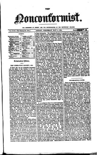 cover page of Nonconformist published on May 11, 1870