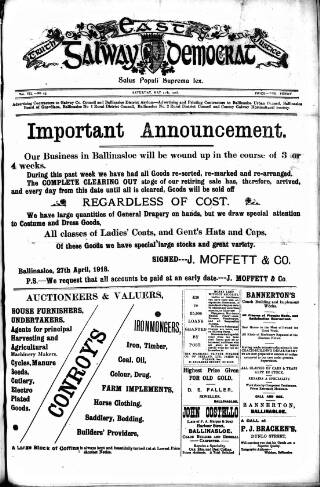cover page of East Galway Democrat published on May 11, 1918