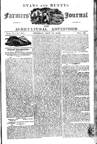 cover page of Evans and Ruffy's Farmer's Journal published on May 11, 1812