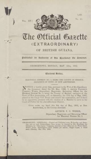 cover page of Official Gazette of British Guiana published on May 12, 1902
