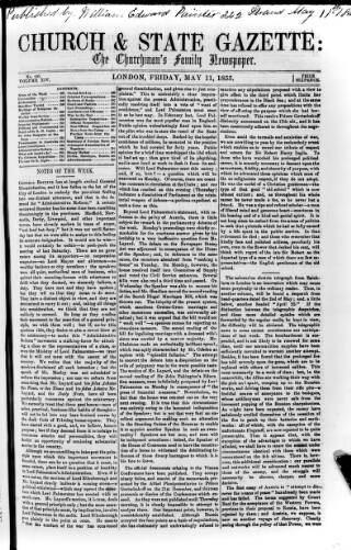 cover page of Church & State Gazette (London) published on May 11, 1855