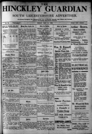cover page of Hinckley Guardian and South Leicestershire Advertiser published on May 11, 1923