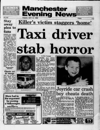 cover page of Manchester Evening News published on May 12, 1989