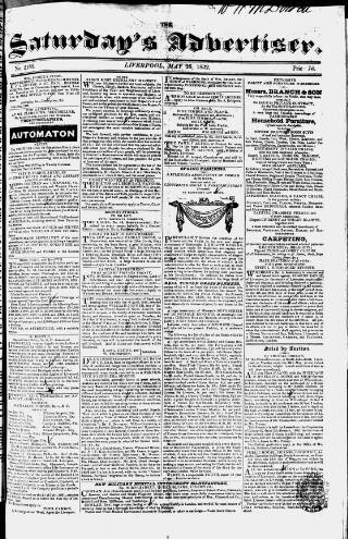 cover page of Liverpool Saturday's Advertiser published on May 26, 1832