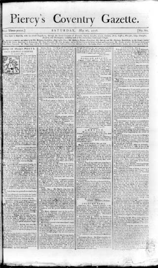 cover page of Piercy's Coventry Gazette published on May 16, 1778